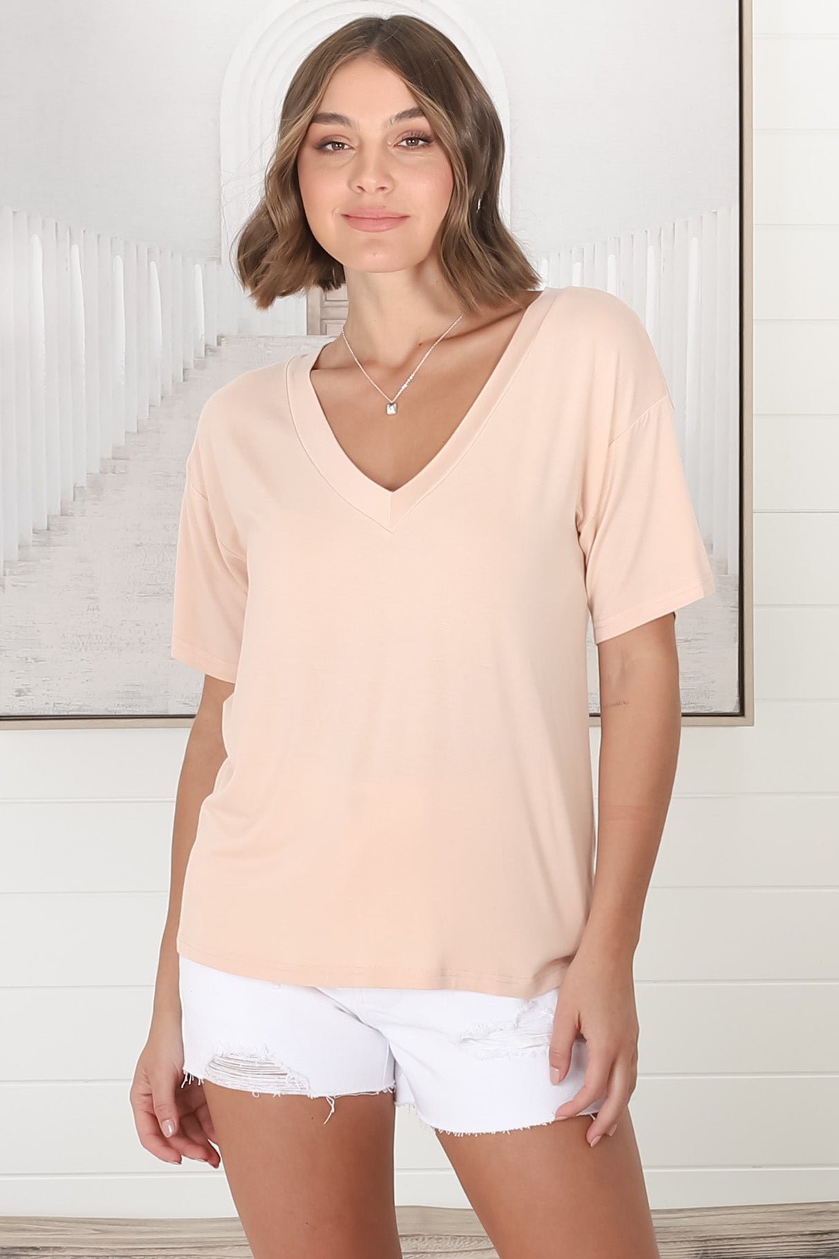 Madi T-Shirt - V Neck Short Sleeve Stretchy Tee in Beige