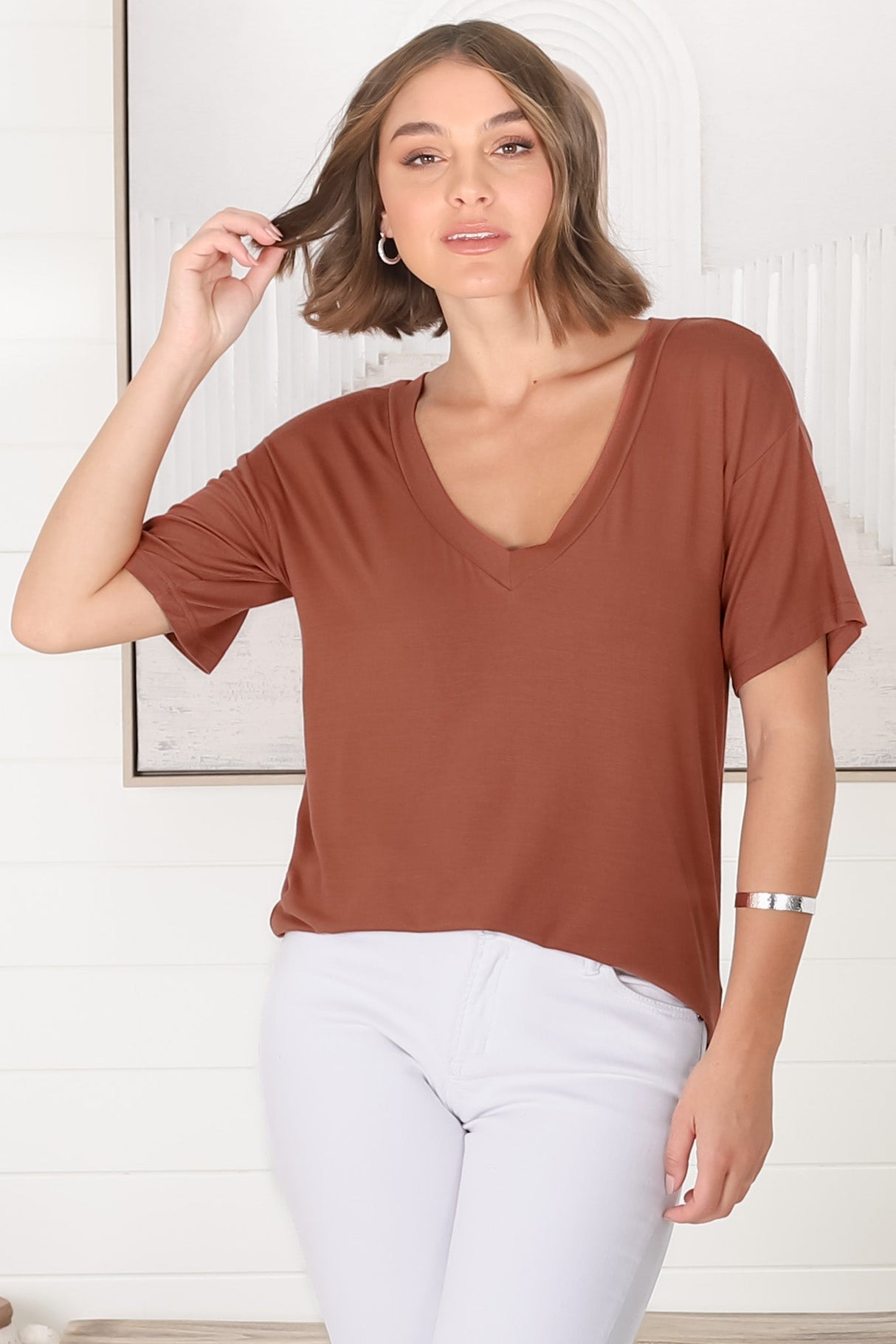 Madi T-Shirt - V Neck Short Sleeve Stretchy Tee in Rust