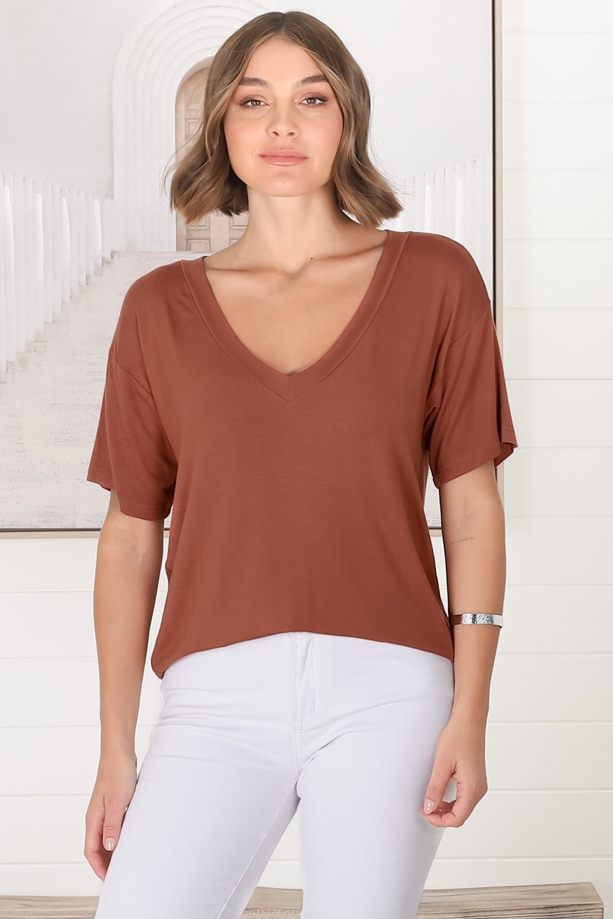 Madi T-Shirt - V Neck Short Sleeve Stretchy Tee in Rust