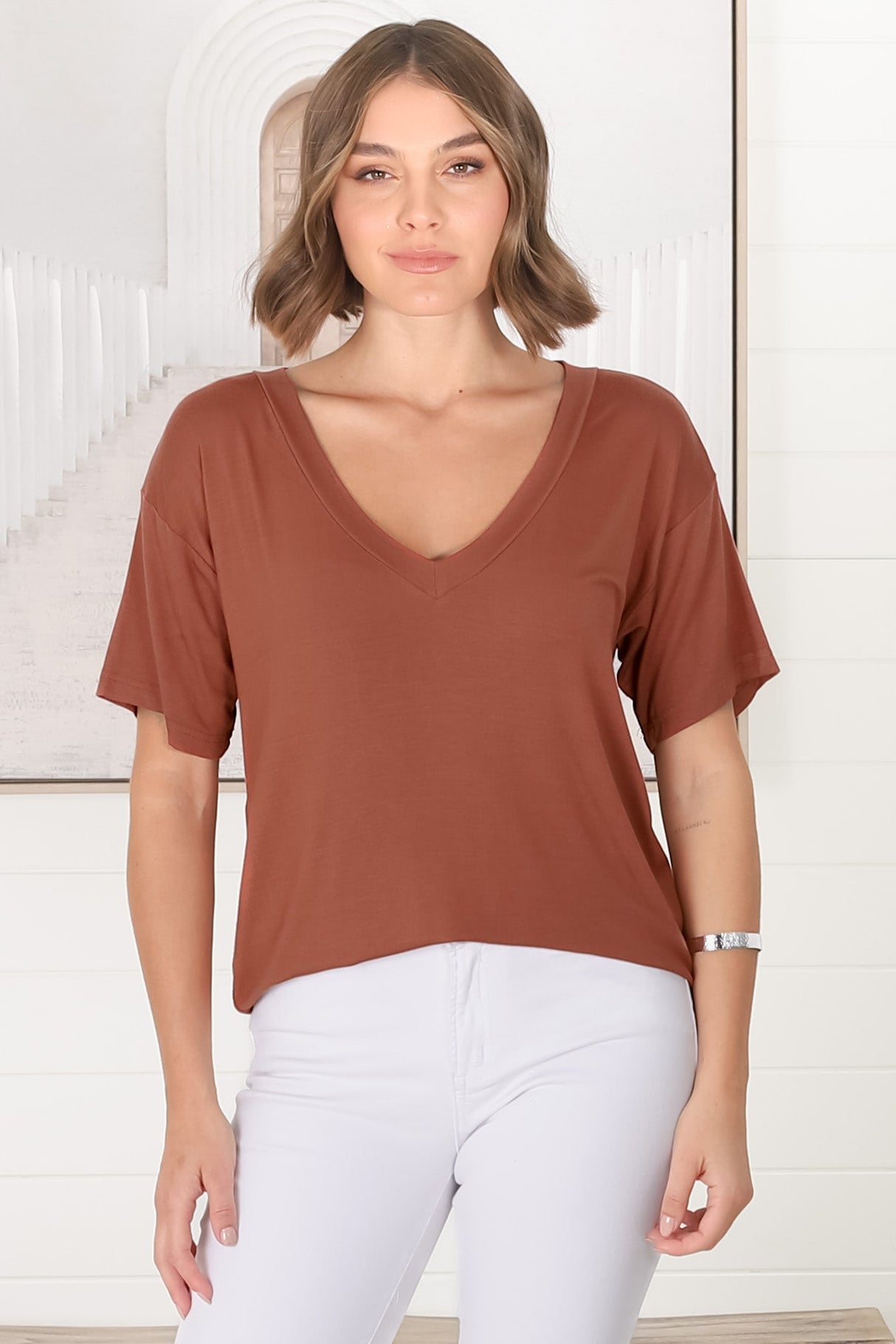 Madi T-Shirt - V Neck Short Sleeve Stretchy Tee in Rust