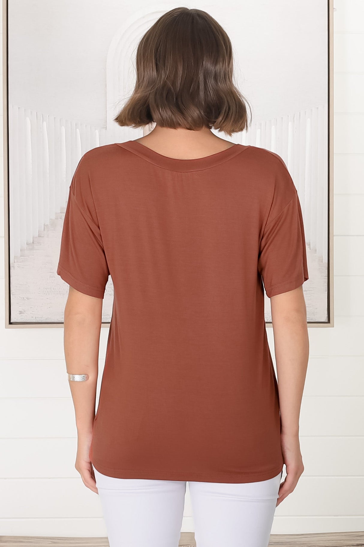 Madi T-Shirt - V Neck Short Sleeve Stretchy Tee in Rust