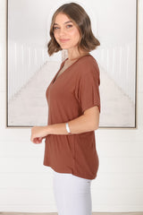 Madi T-Shirt - V Neck Short Sleeve Stretchy Tee in Rust