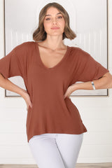 Madi T-Shirt - V Neck Short Sleeve Stretchy Tee in Rust