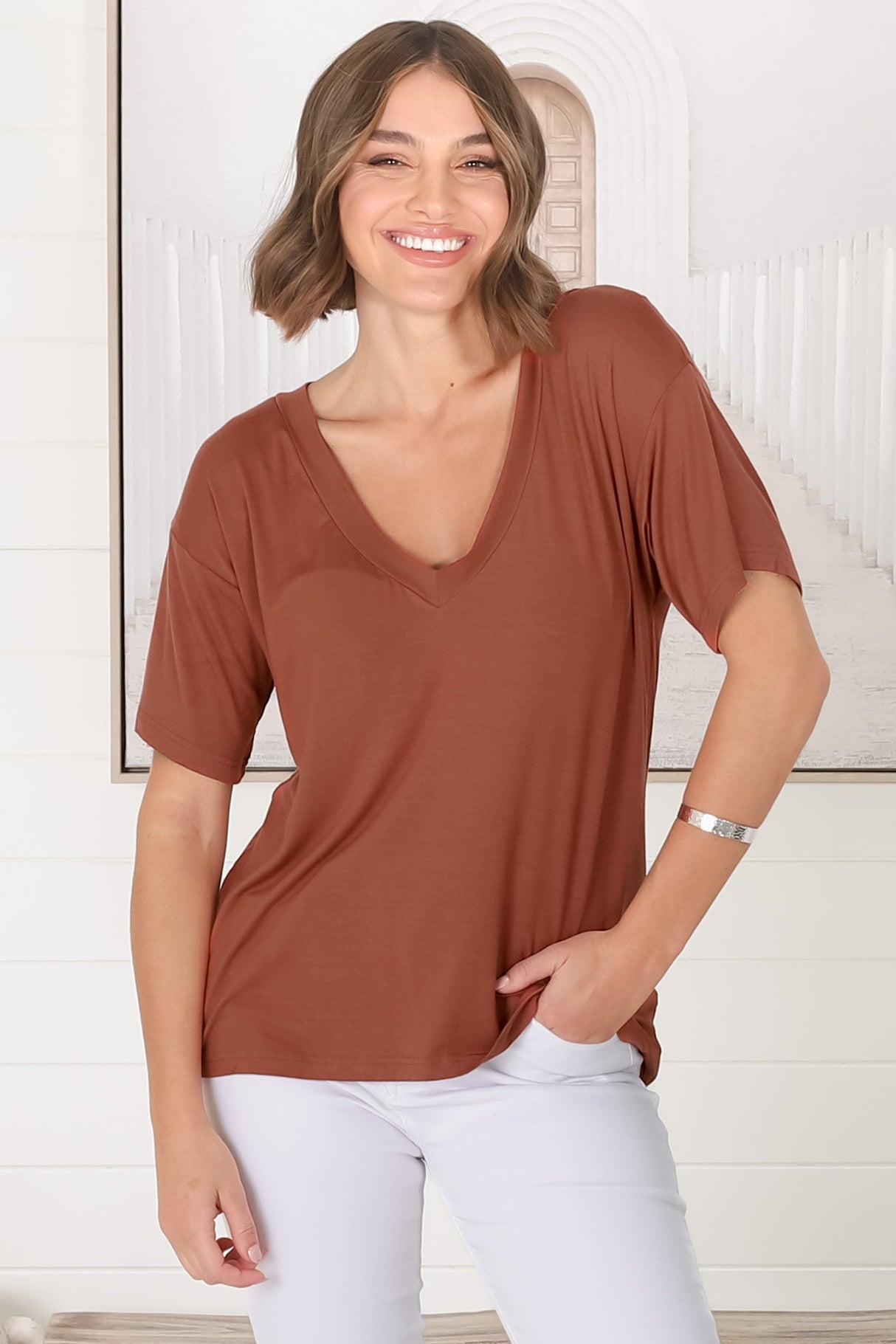 Madi T-Shirt - V Neck Short Sleeve Stretchy Tee in Rust