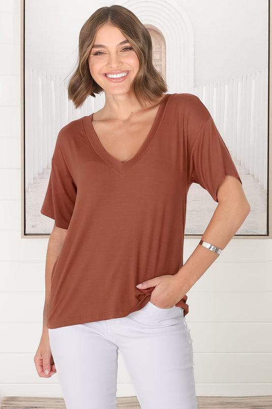 Madi T-Shirt - V Neck Short Sleeve Stretchy Tee in Rust