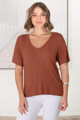 Madi T-Shirt - V Neck Short Sleeve Stretchy Tee in Rust