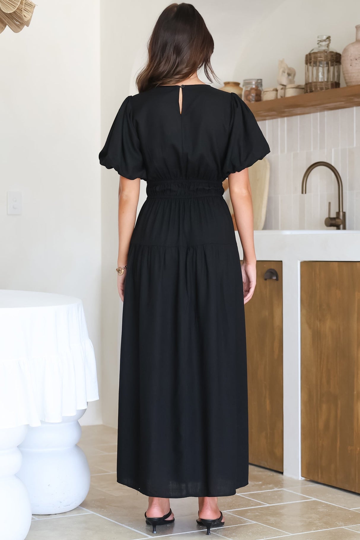 Maeana Maxi Dress - Short Balloon Sleeeve Elasticated Waist A Line Dress in Black
