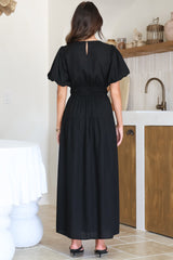 Maeana Maxi Dress - Short Balloon Sleeeve Elasticated Waist A Line Dress in Black