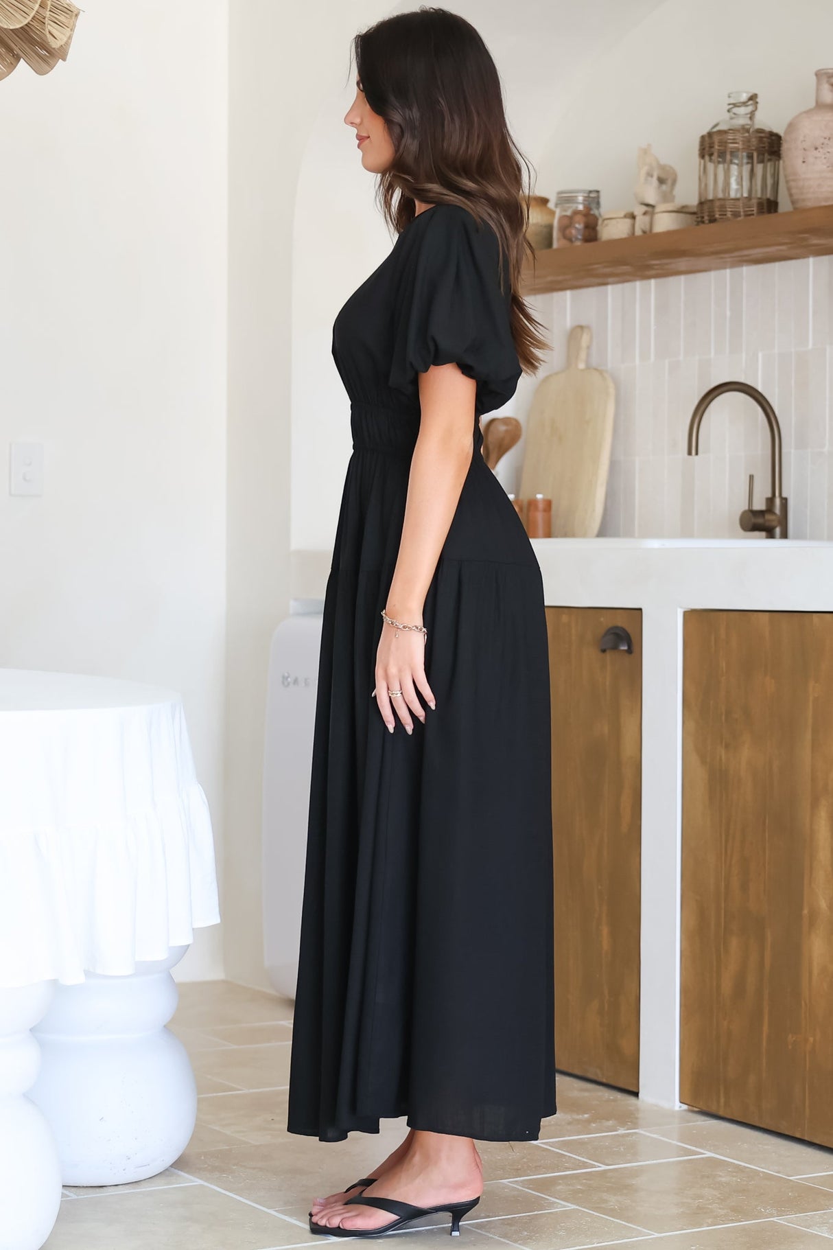 Maeana Maxi Dress - Short Balloon Sleeeve Elasticated Waist A Line Dress in Black