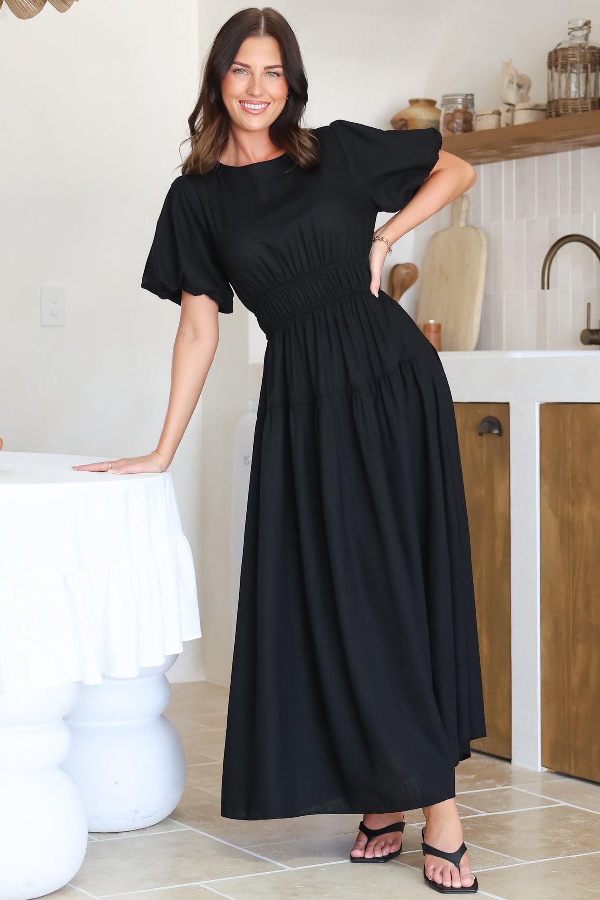 Maeana Maxi Dress - Short Balloon Sleeeve Elasticated Waist A Line Dress in Black