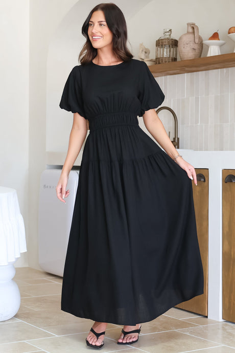 Maeana Maxi Dress - Short Balloon Sleeeve Elasticated Waist A Line Dress in Black