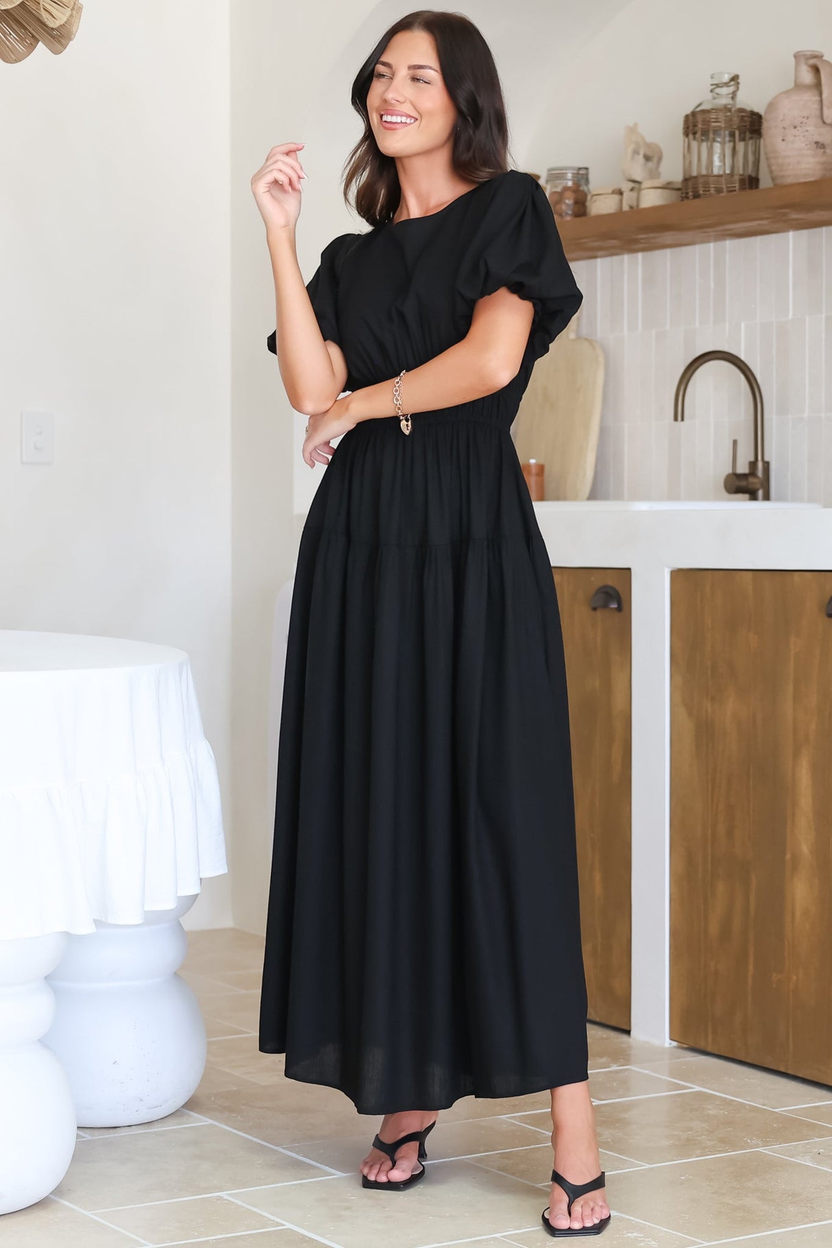 Maeana Maxi Dress - Short Balloon Sleeeve Elasticated Waist A Line Dress in Black