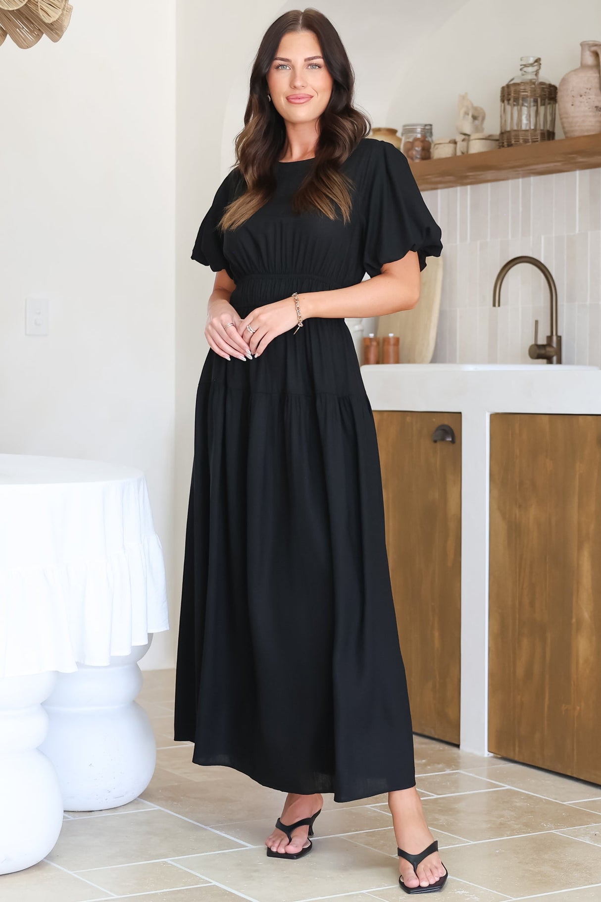 Maeana Maxi Dress - Short Balloon Sleeeve Elasticated Waist A Line Dress in Black