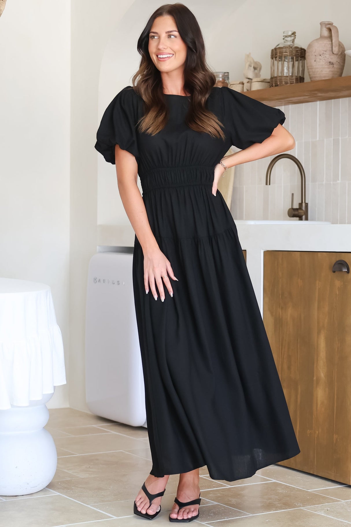 Maeana Maxi Dress - Short Balloon Sleeeve Elasticated Waist A Line Dress in Black