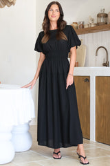 Maeana Maxi Dress - Short Balloon Sleeeve Elasticated Waist A Line Dress in Black