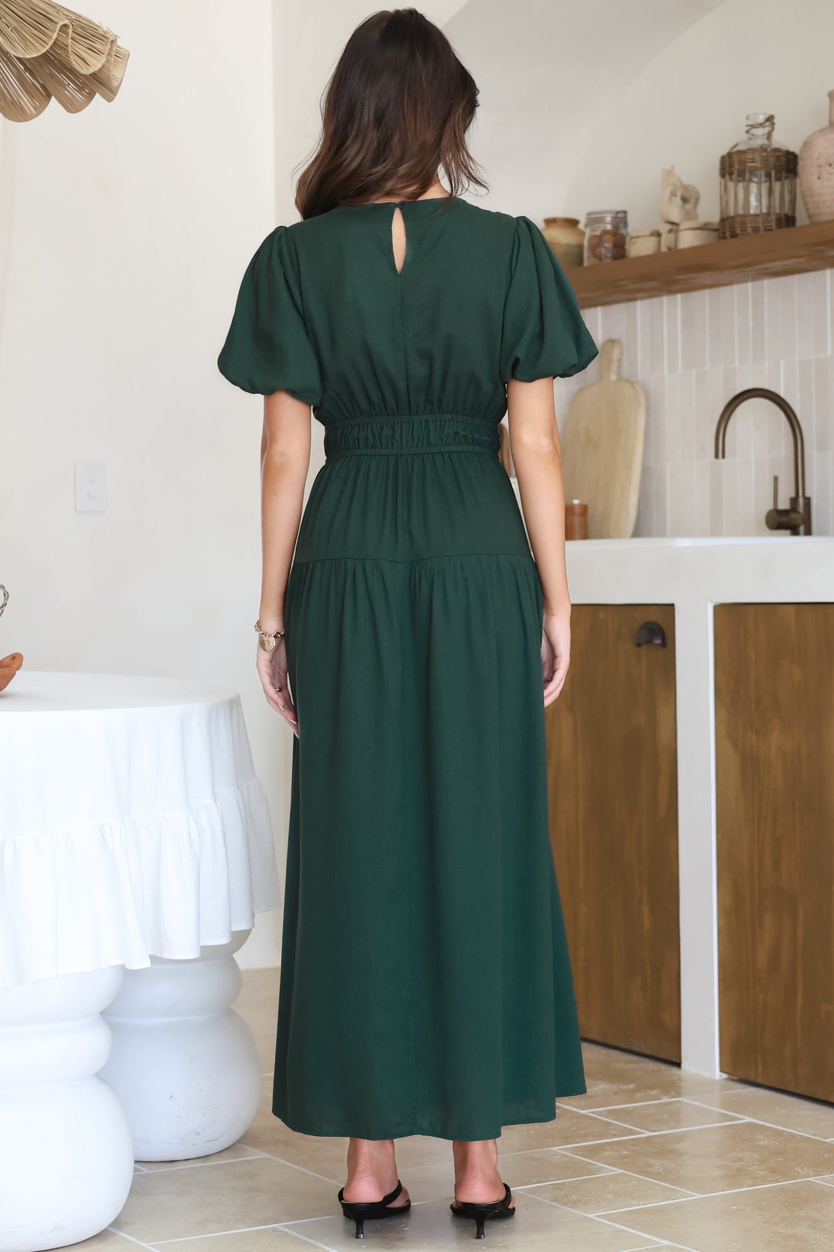 Maeana Maxi Dress - Short Balloon Sleeeve Elasticated Waist A Line Dress in Emerald