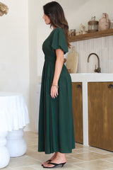 Maeana Maxi Dress - Short Balloon Sleeeve Elasticated Waist A Line Dress in Emerald