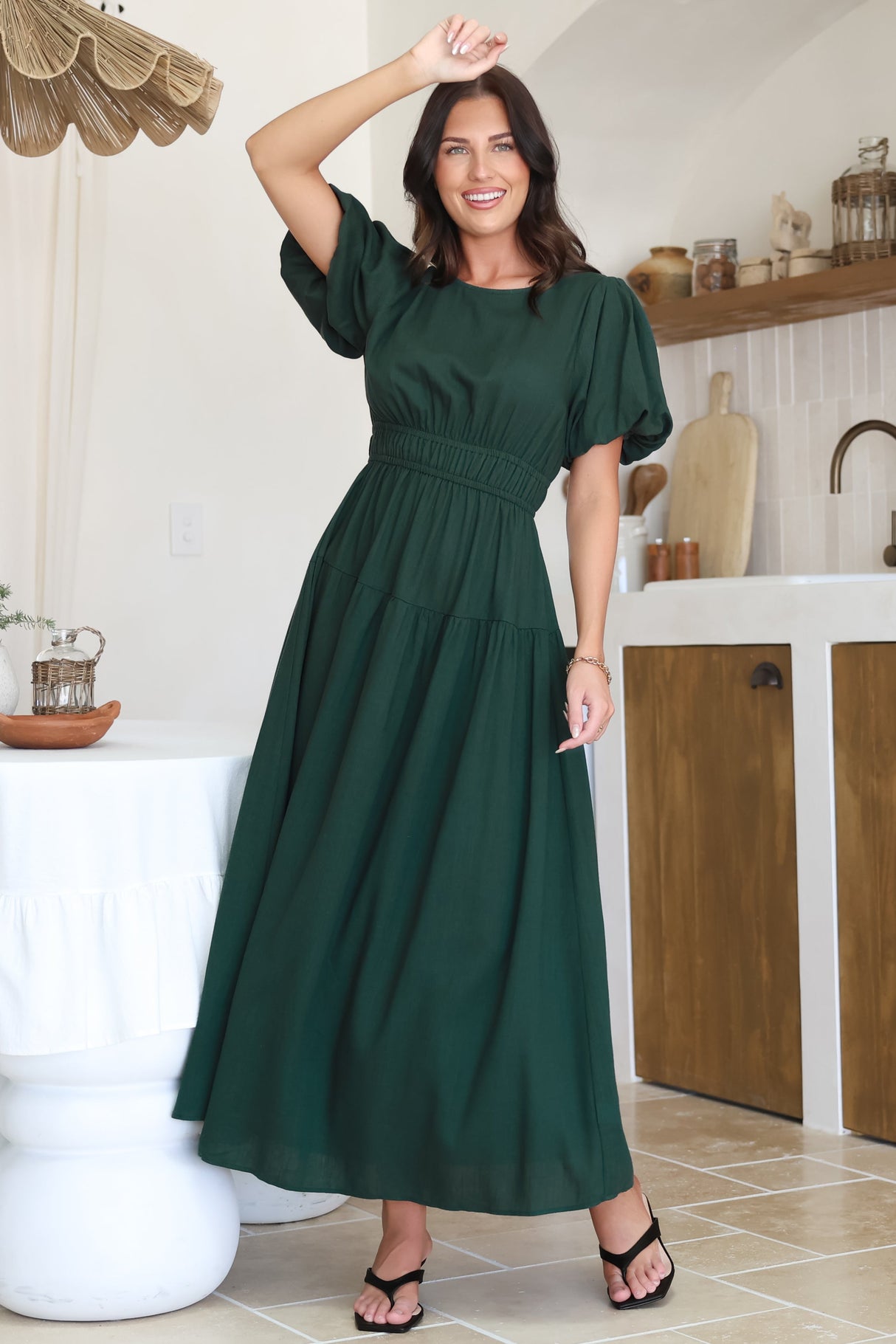 Maeana Maxi Dress - Short Balloon Sleeeve Elasticated Waist A Line Dress in Emerald