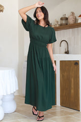 Maeana Maxi Dress - Short Balloon Sleeeve Elasticated Waist A Line Dress in Emerald