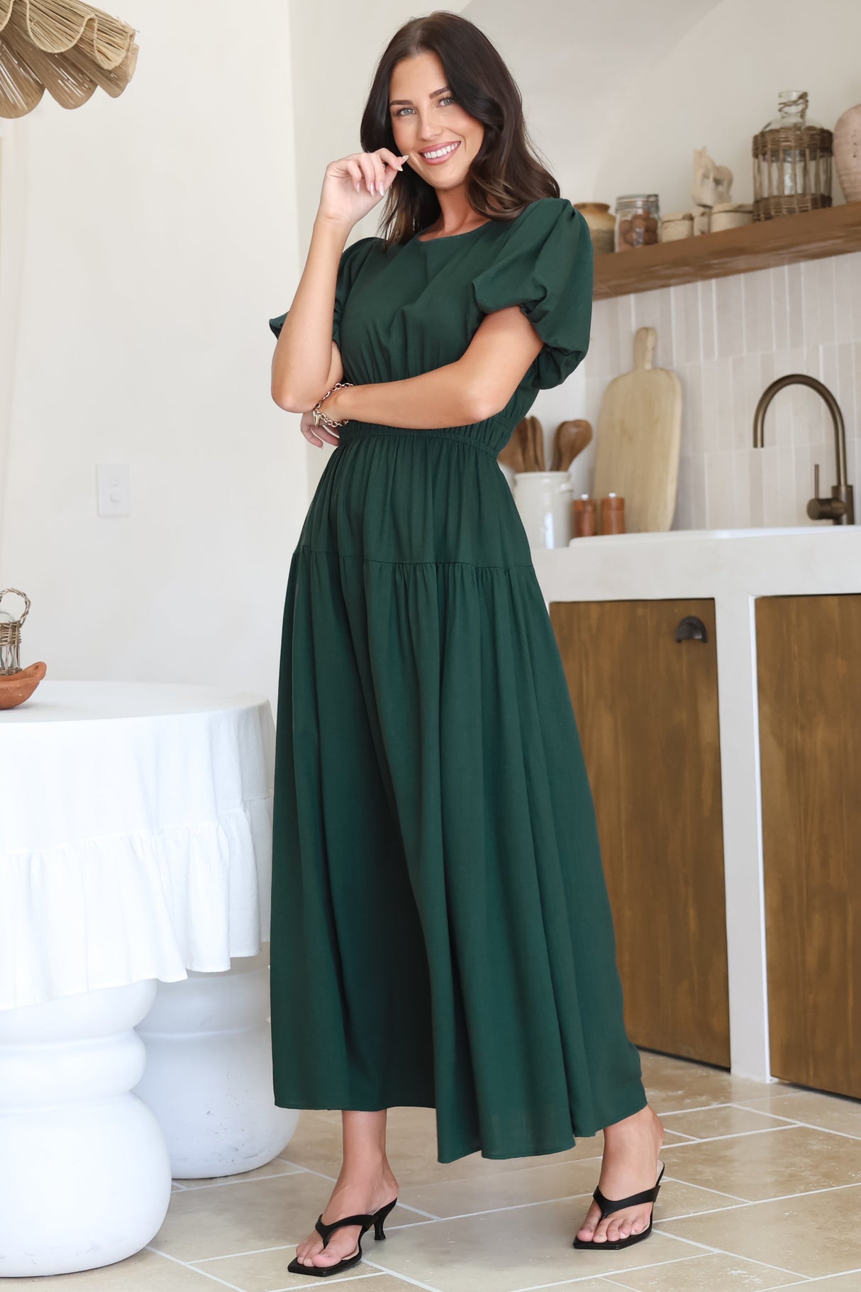Maeana Maxi Dress - Short Balloon Sleeeve Elasticated Waist A Line Dress in Emerald