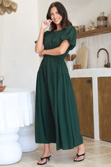 Maeana Maxi Dress - Short Balloon Sleeeve Elasticated Waist A Line Dress in Emerald