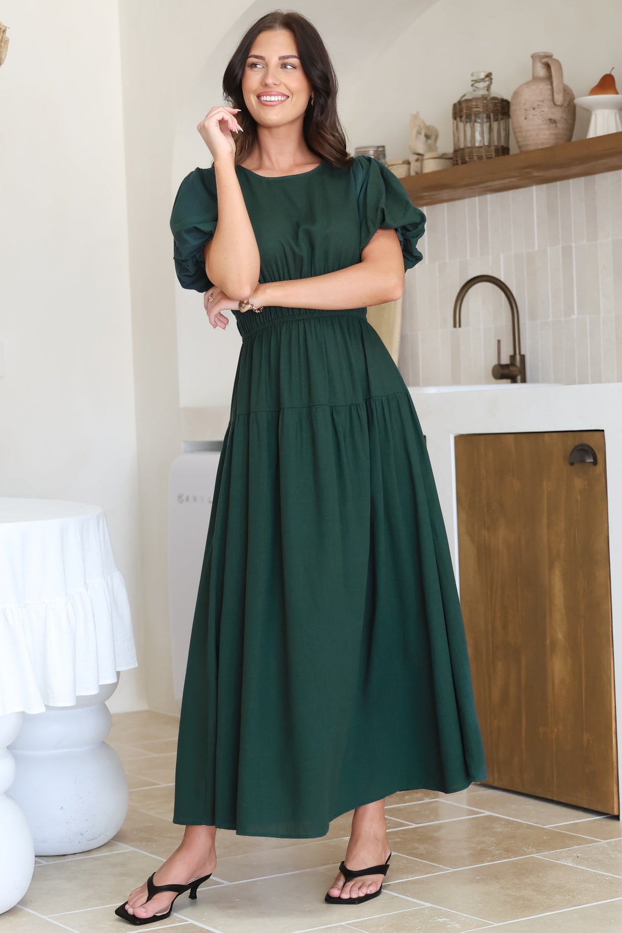 Maeana Maxi Dress - Short Balloon Sleeeve Elasticated Waist A Line Dress in Emerald