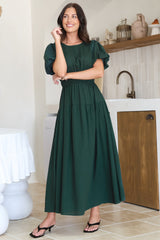 Maeana Maxi Dress - Short Balloon Sleeeve Elasticated Waist A Line Dress in Emerald