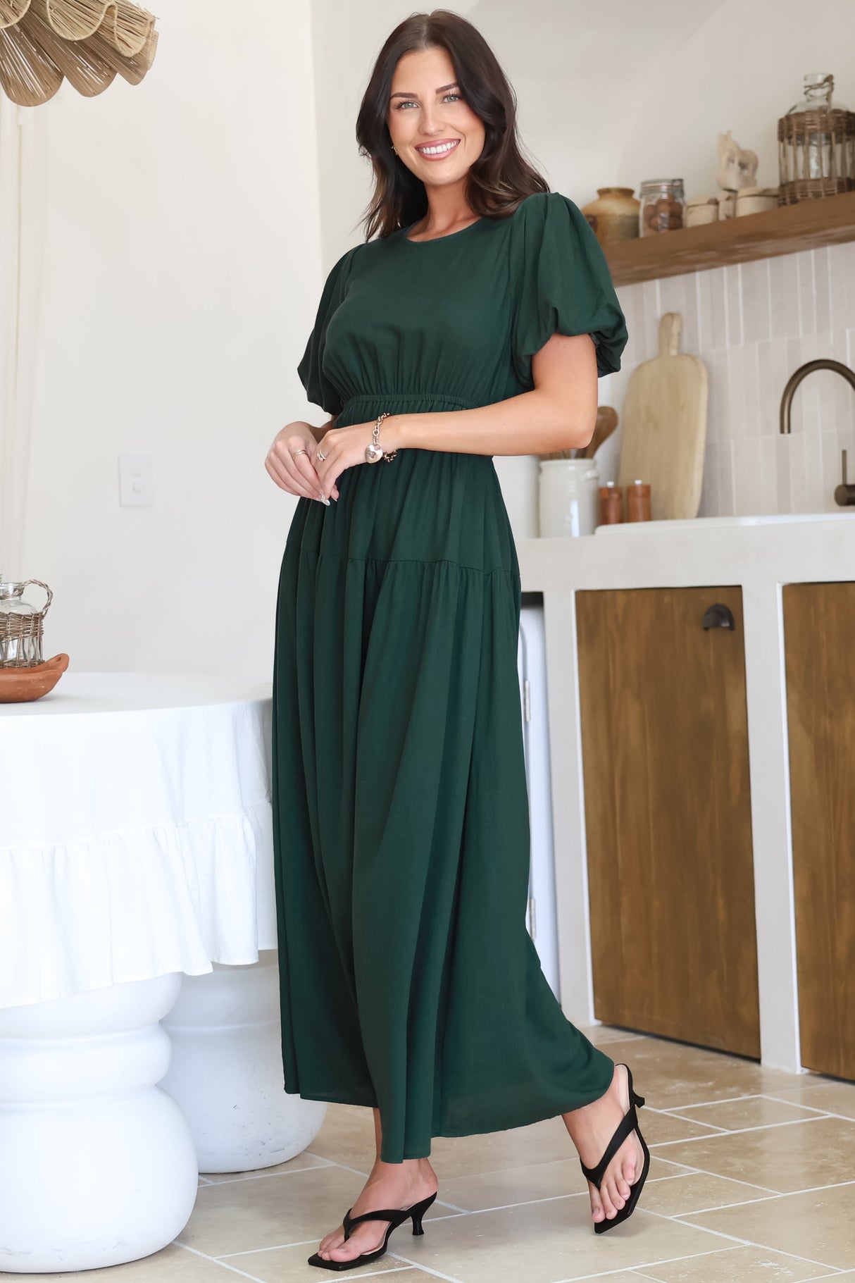 Maeana Maxi Dress - Short Balloon Sleeeve Elasticated Waist A Line Dress in Emerald