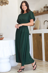 Maeana Maxi Dress - Short Balloon Sleeeve Elasticated Waist A Line Dress in Emerald