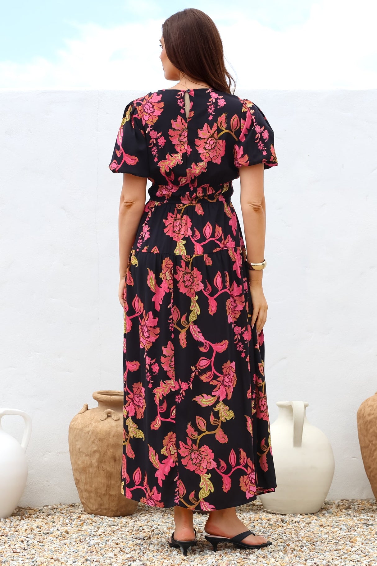 Maeana Maxi Dress - Short Balloon Sleeeve Elasticated Waist A Line Dress in Valerie Print