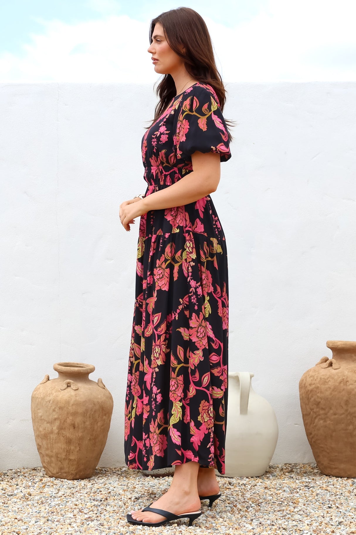 Maeana Maxi Dress - Short Balloon Sleeeve Elasticated Waist A Line Dress in Valerie Print