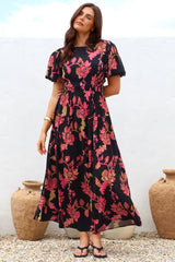 Maeana Maxi Dress - Short Balloon Sleeeve Elasticated Waist A Line Dress in Valerie Print