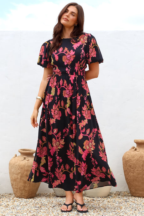 Maeana Maxi Dress - Short Balloon Sleeeve Elasticated Waist A Line Dress in Valerie Print