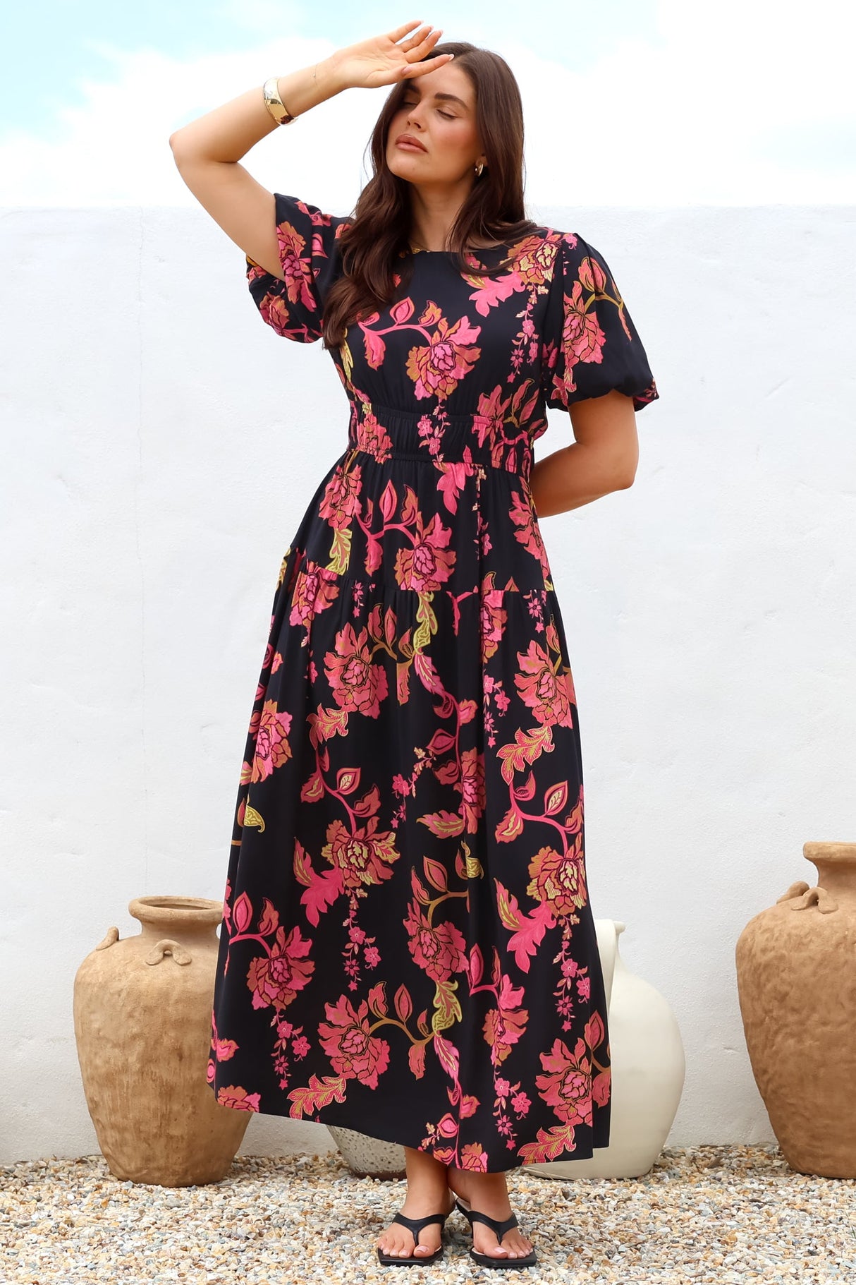 Maeana Maxi Dress - Short Balloon Sleeeve Elasticated Waist A Line Dress in Valerie Print