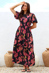 Maeana Maxi Dress - Short Balloon Sleeeve Elasticated Waist A Line Dress in Valerie Print