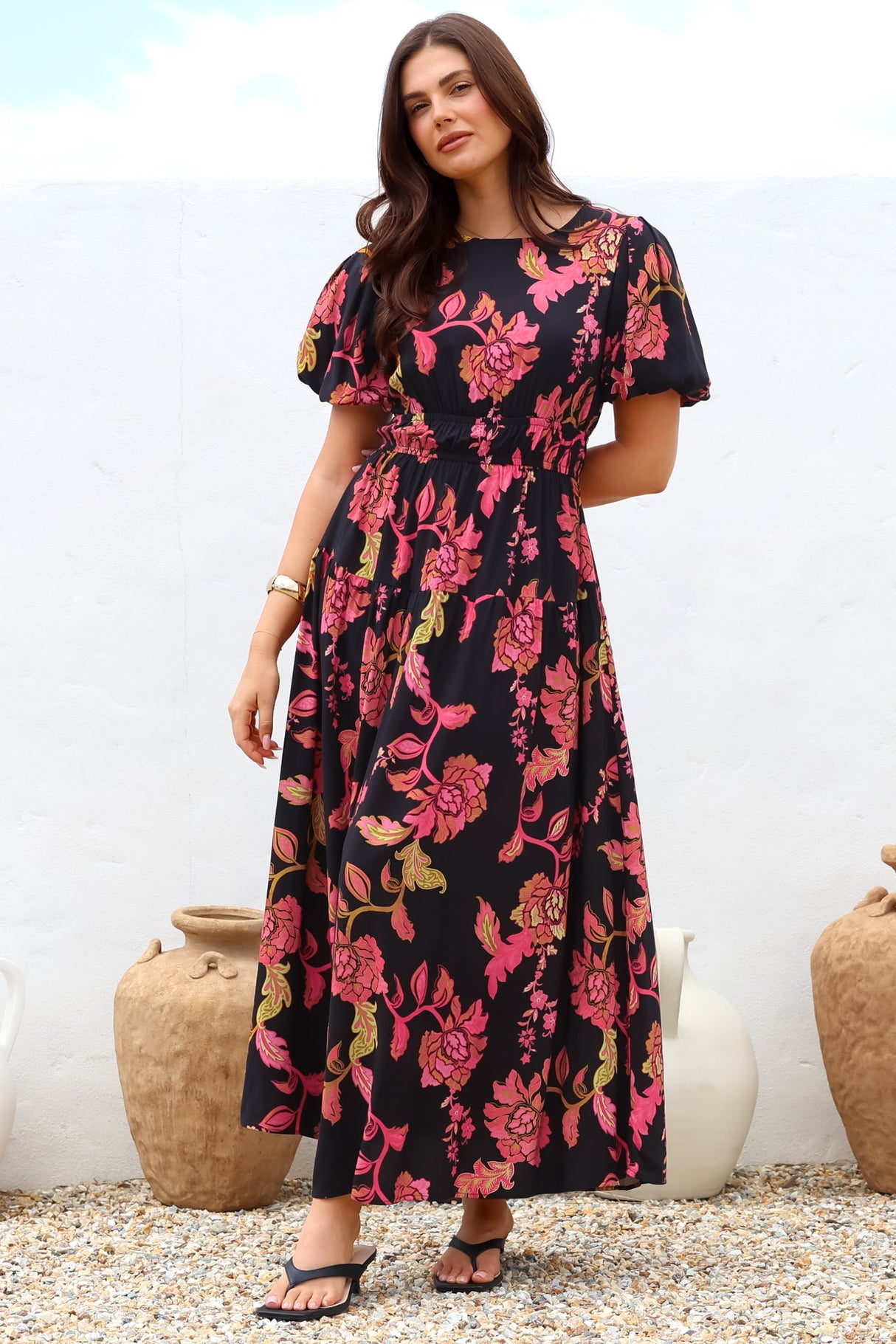 Maeana Maxi Dress - Short Balloon Sleeeve Elasticated Waist A Line Dress in Valerie Print