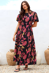 Maeana Maxi Dress - Short Balloon Sleeeve Elasticated Waist A Line Dress in Valerie Print