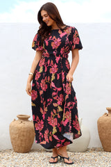 Maeana Maxi Dress - Short Balloon Sleeeve Elasticated Waist A Line Dress in Valerie Print