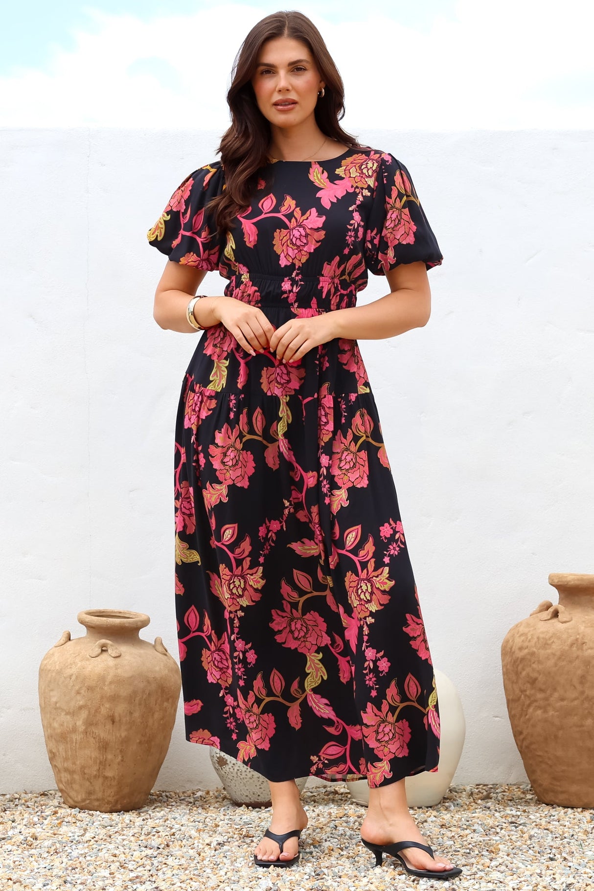 Maeana Maxi Dress - Short Balloon Sleeeve Elasticated Waist A Line Dress in Valerie Print