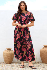Maeana Maxi Dress - Short Balloon Sleeeve Elasticated Waist A Line Dress in Valerie Print