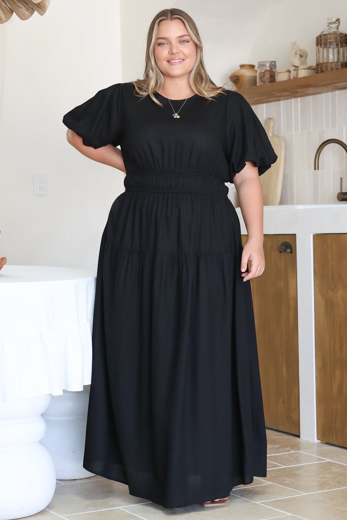 Maeana Maxi Dress - Short Balloon Sleeeve Elasticated Waist A Line Dress in Black