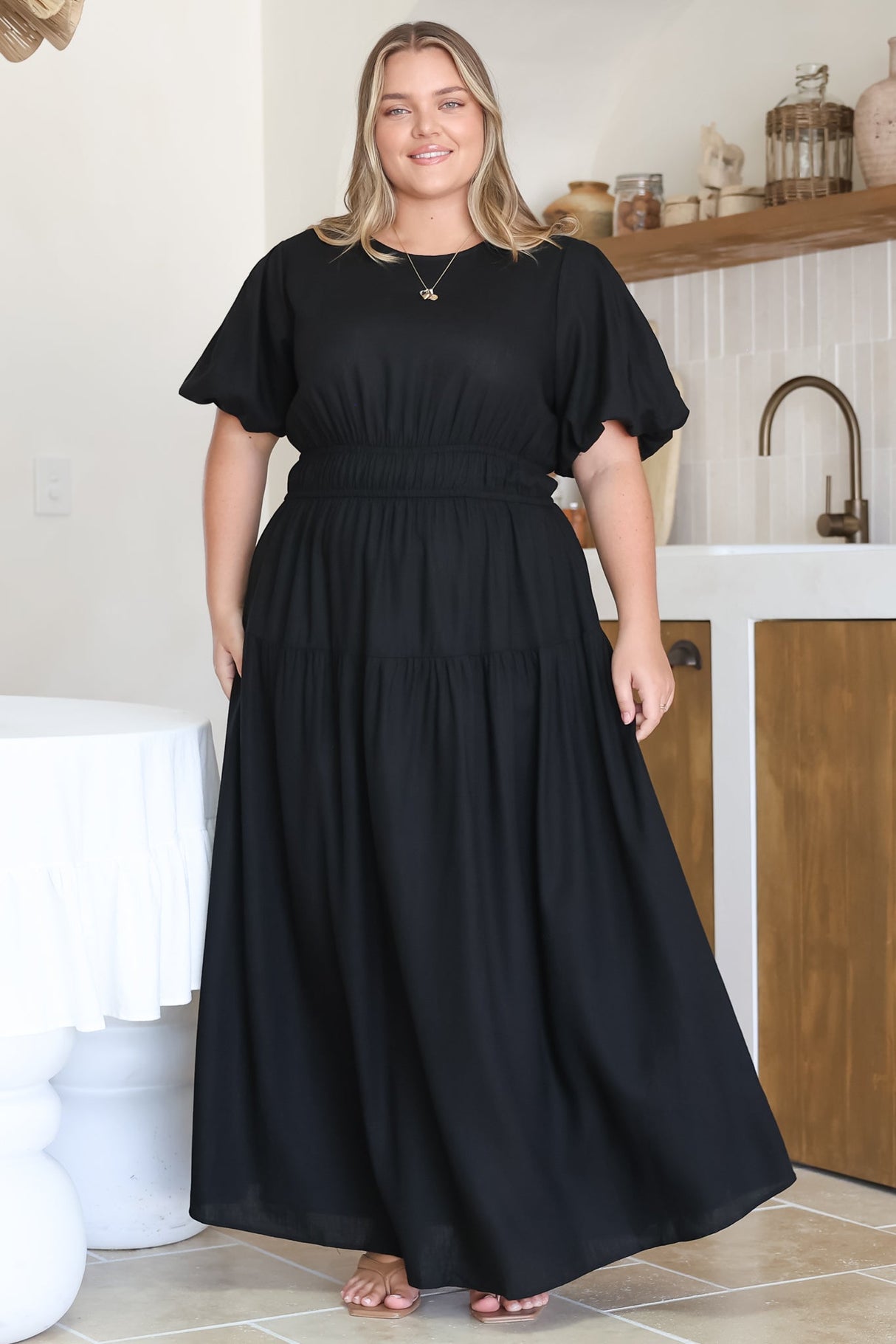 Maeana Maxi Dress - Short Balloon Sleeeve Elasticated Waist A Line Dress in Black