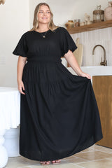 Maeana Maxi Dress - Short Balloon Sleeeve Elasticated Waist A Line Dress in Black