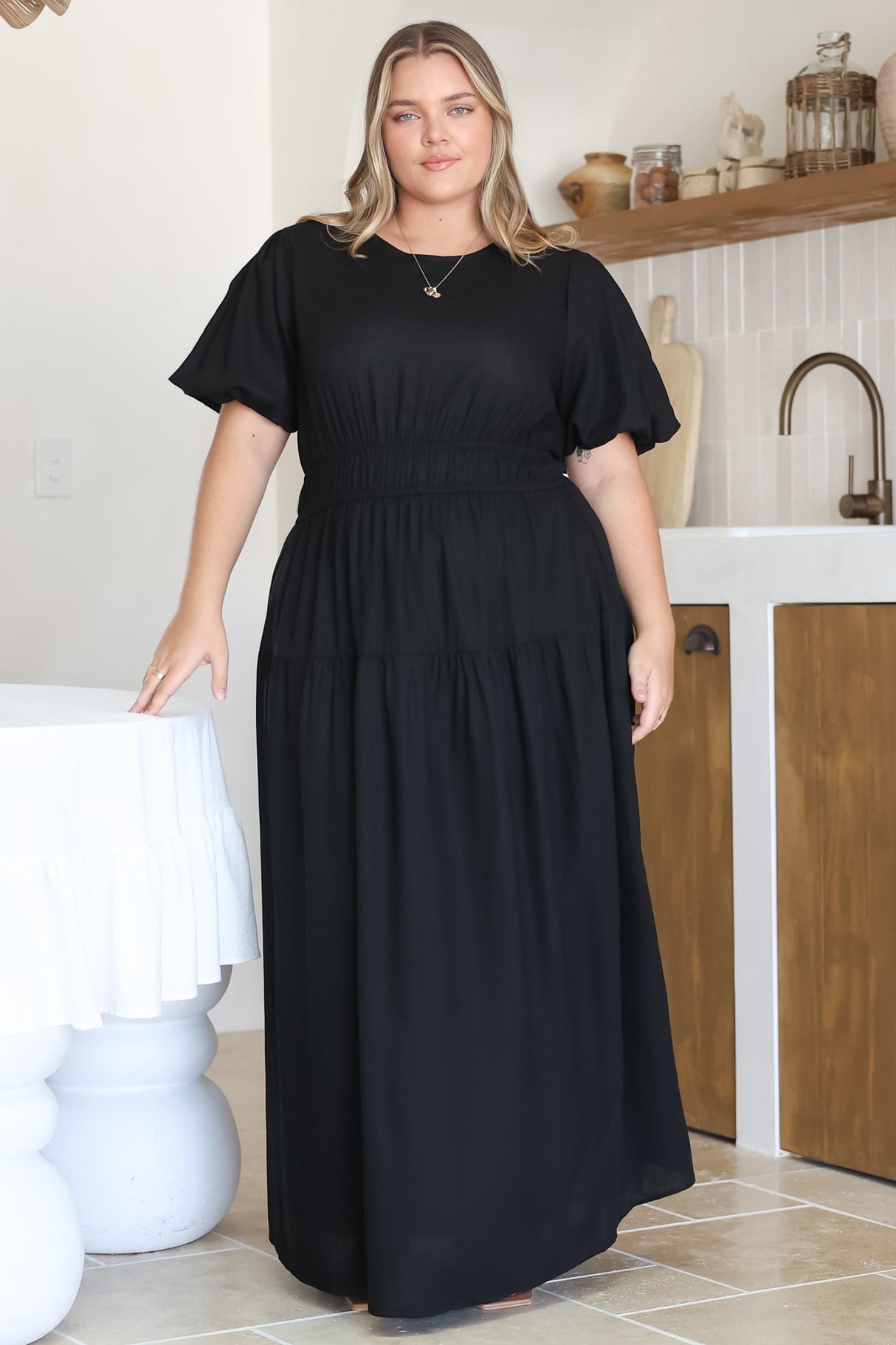 Maeana Maxi Dress - Short Balloon Sleeeve Elasticated Waist A Line Dress in Black