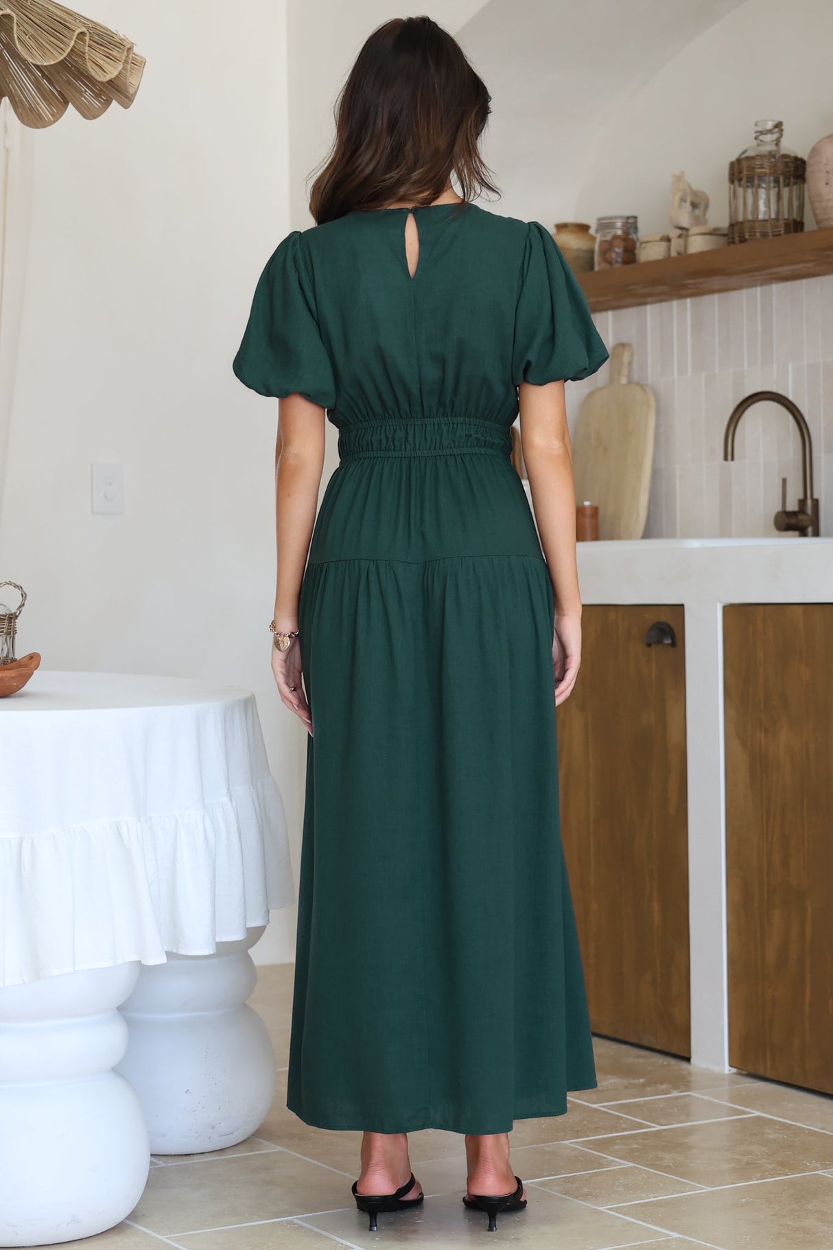 Maeana Maxi Dress - Short Balloon Sleeeve Elasticated Waist A Line Dress in Emerald