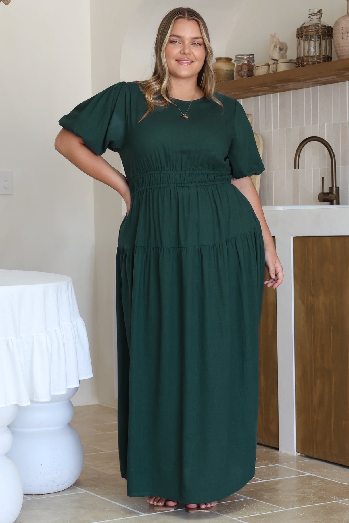 Maeana Maxi Dress - Short Balloon Sleeeve Elasticated Waist A Line Dress in Emerald