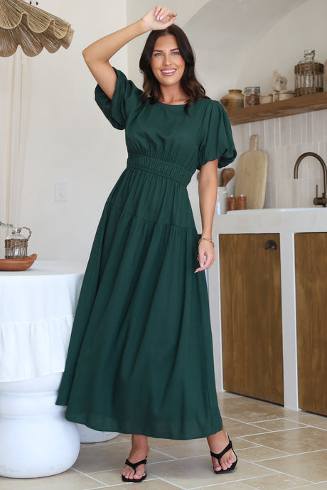 Maeana Maxi Dress - Short Balloon Sleeeve Elasticated Waist A Line Dress in Emerald