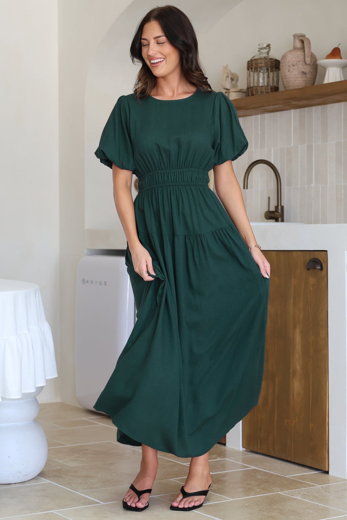 Maeana Maxi Dress - Short Balloon Sleeeve Elasticated Waist A Line Dress in Emerald