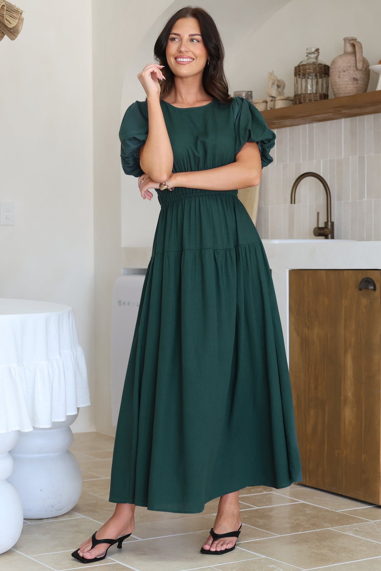 Maeana Maxi Dress - Short Balloon Sleeeve Elasticated Waist A Line Dress in Emerald