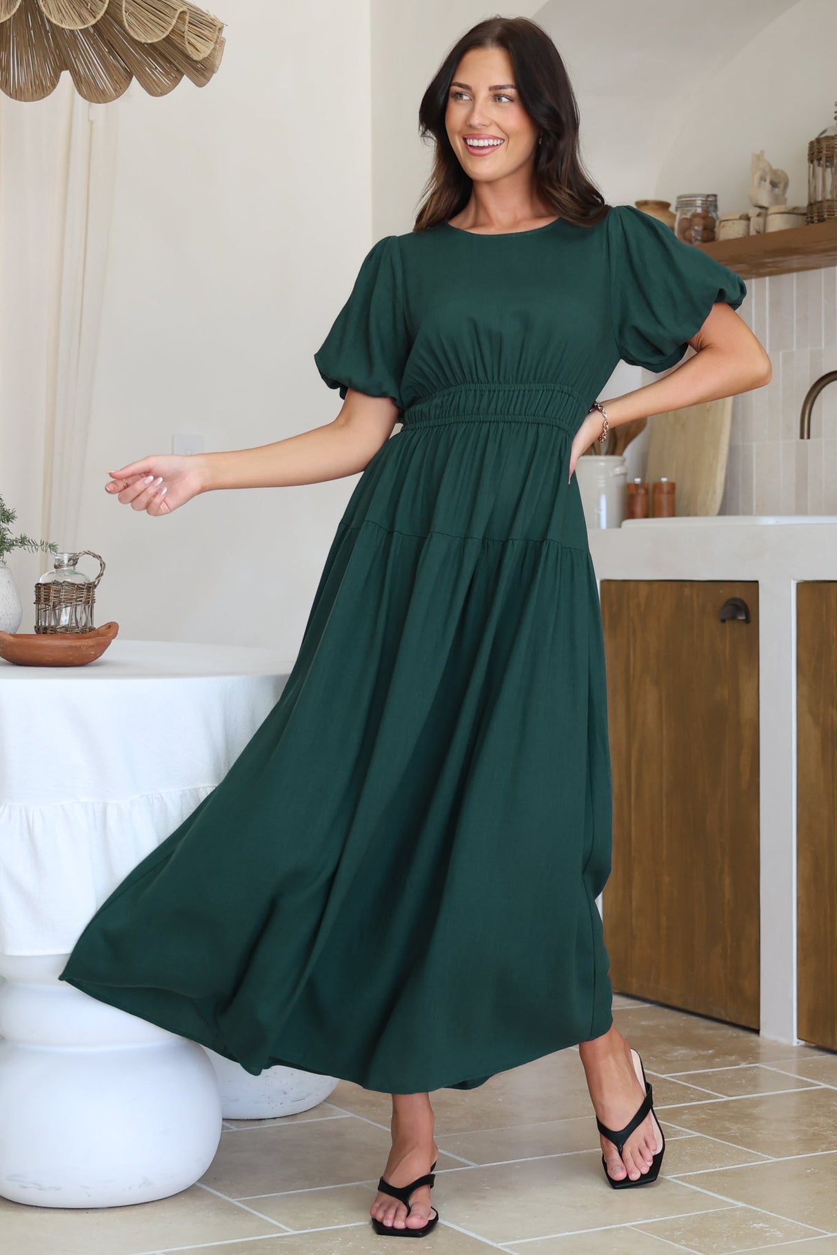 Maeana Maxi Dress - Short Balloon Sleeeve Elasticated Waist A Line Dress in Emerald